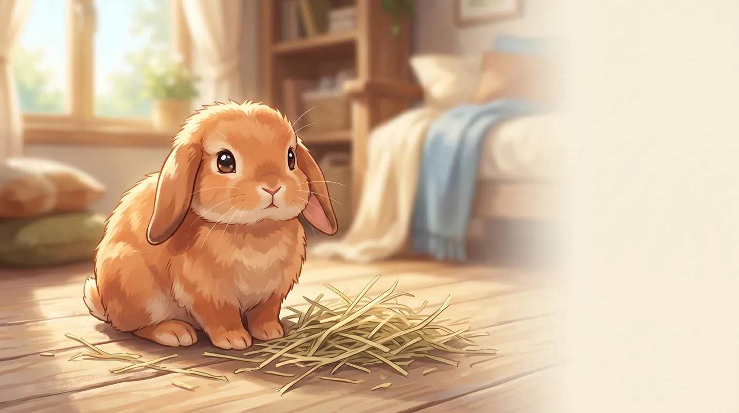 A Holland Lop rabbit resting beside a warm, illustrated care scene